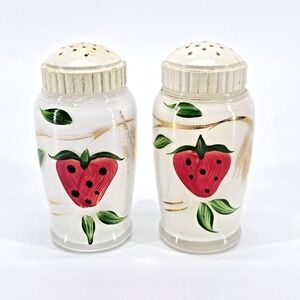 Vintage Bartlett Collins Painted Strawberry Milk Glass Salt & Pepper Shakers Set